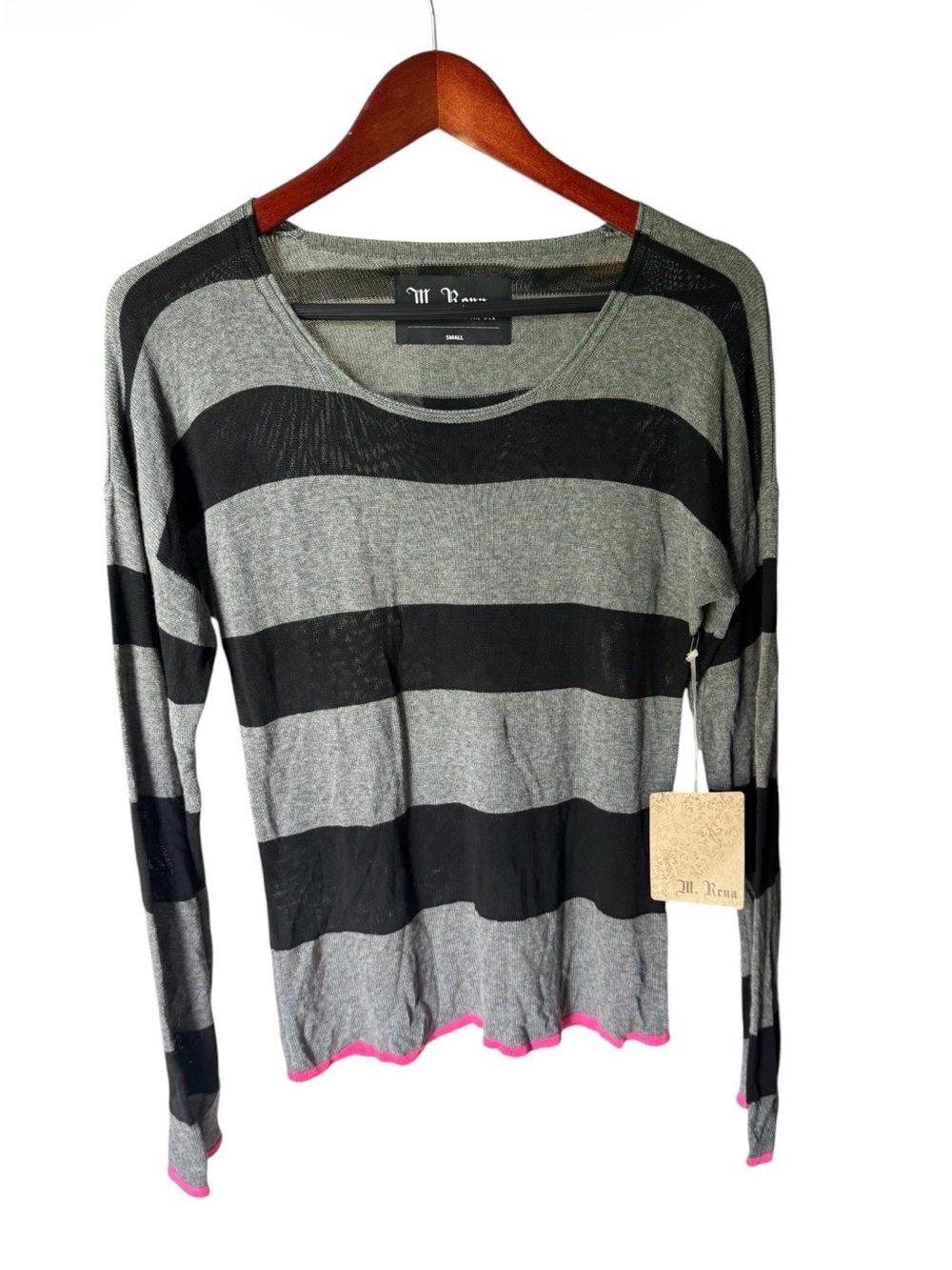 M. Rena Black and Gray Striped Long-Sleeve Top with Pink Trim